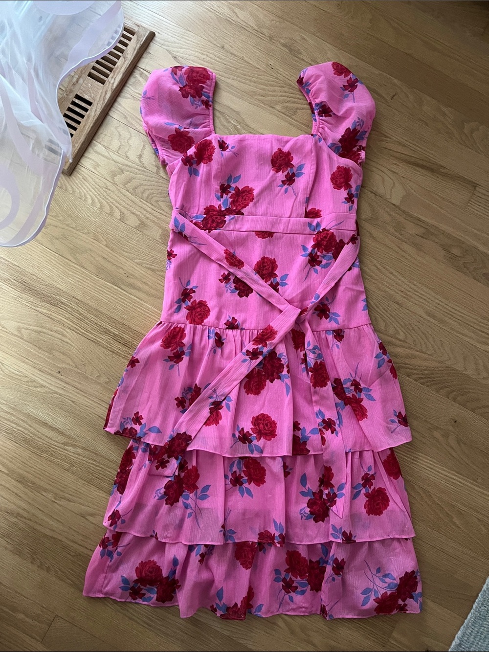 Crystal Doll Hot Pink Floral Tiered Midi Dress